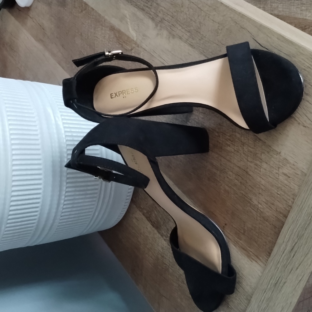 Express thick heel haux suede heels with shiner heel and ankle strap enclosure